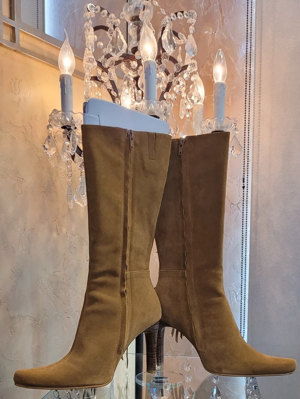 MIA Tan Suede Fringed Tall Western Boots. Y2K Size 6.5 Stiletto Heels 4in - Picture 4 of 17